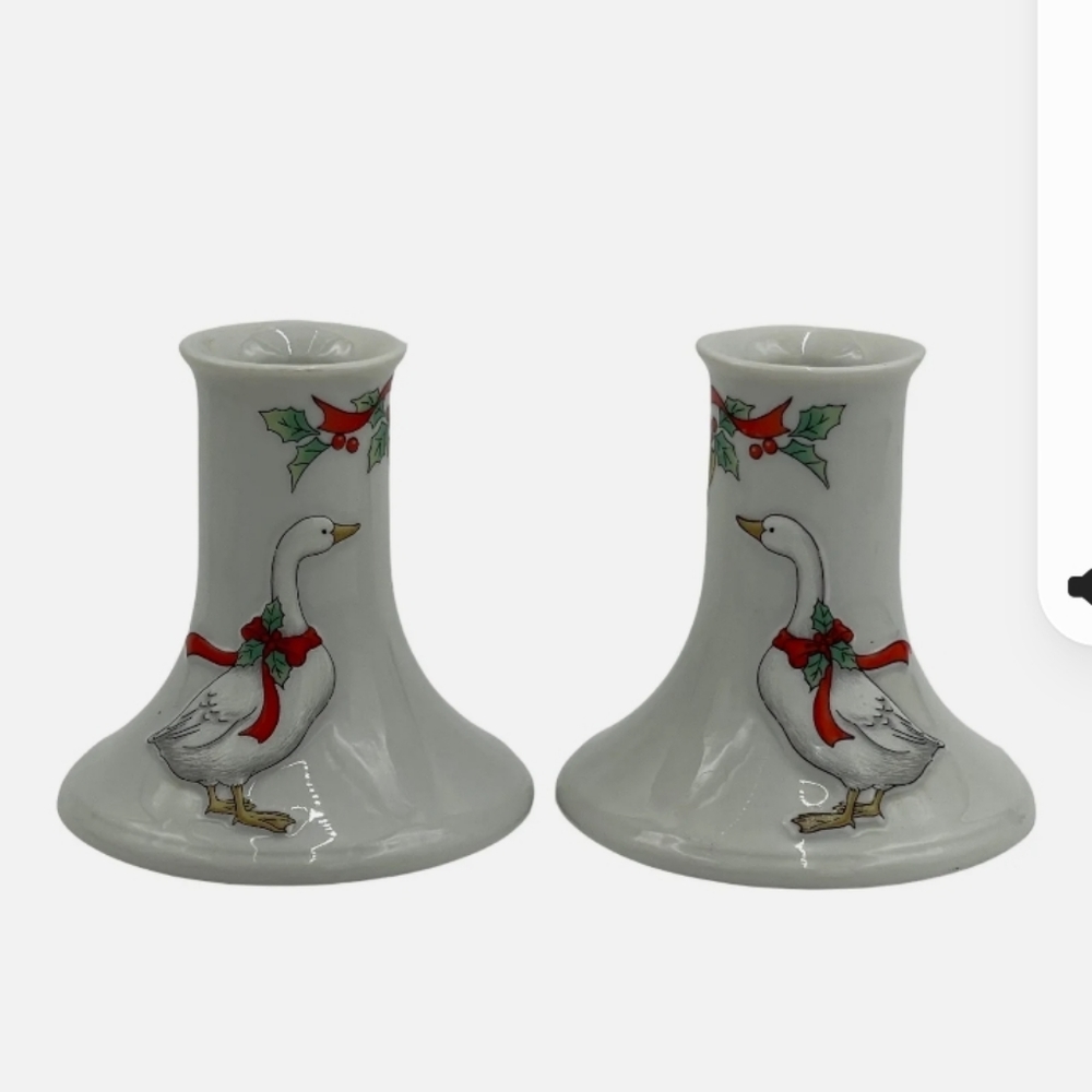 Vtg 80s (2) Porcelain Tapered Candle Holders Christmas Raised Goose Geese Japan